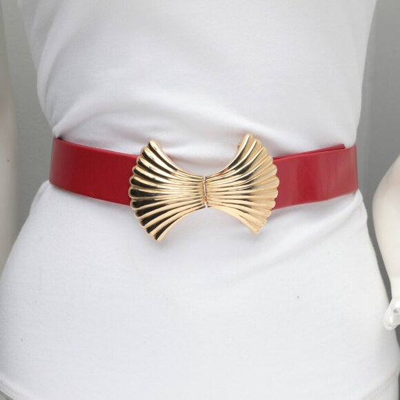 Vintage Mimi di Niscemi Gold Shell Belt Buckle Interlocking Talbots Red Vegan 81 - Picture 8 of 13